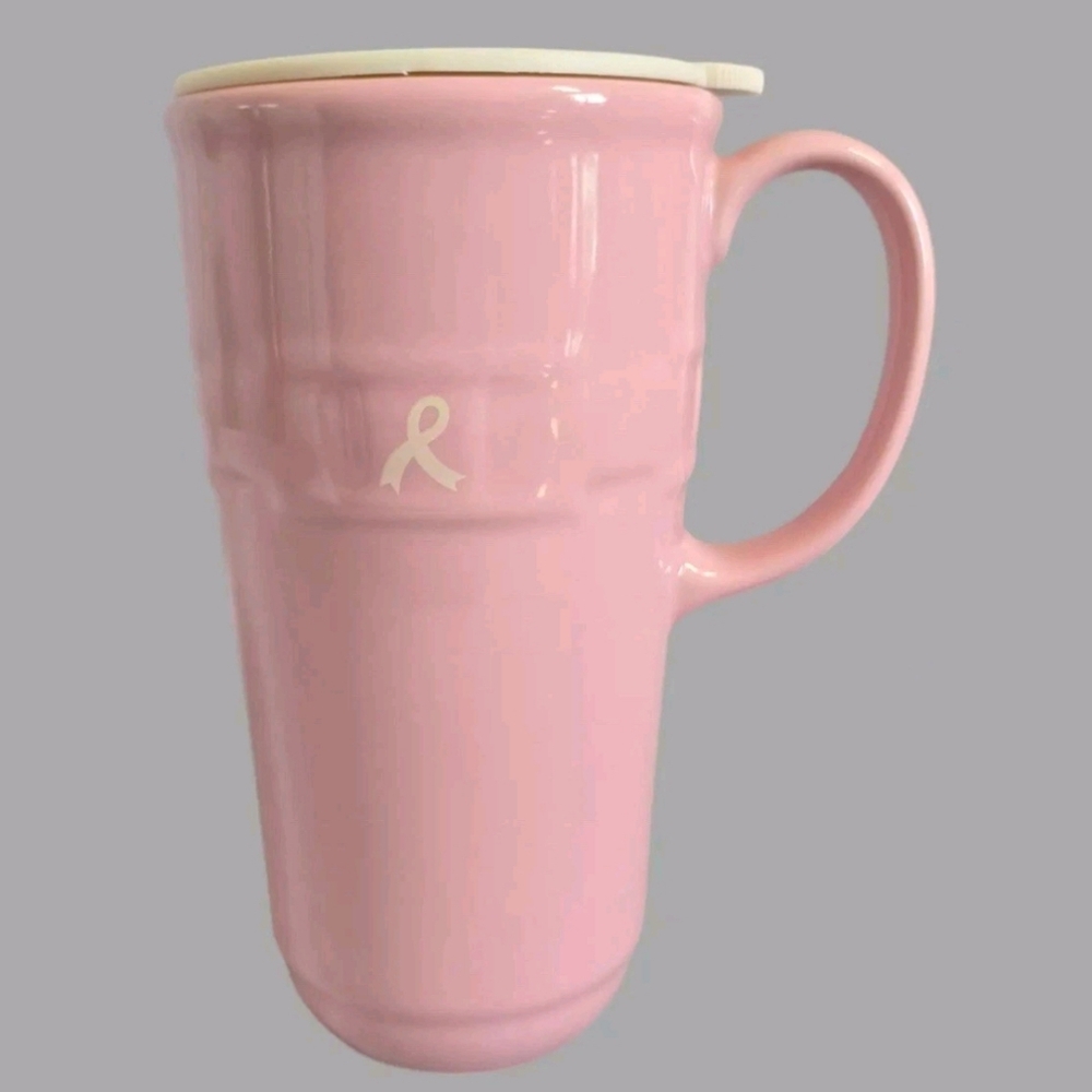 Longaberger Pottery Travel Mug w/lid Horizon of Hope Pink Breast Cancer Ribbon